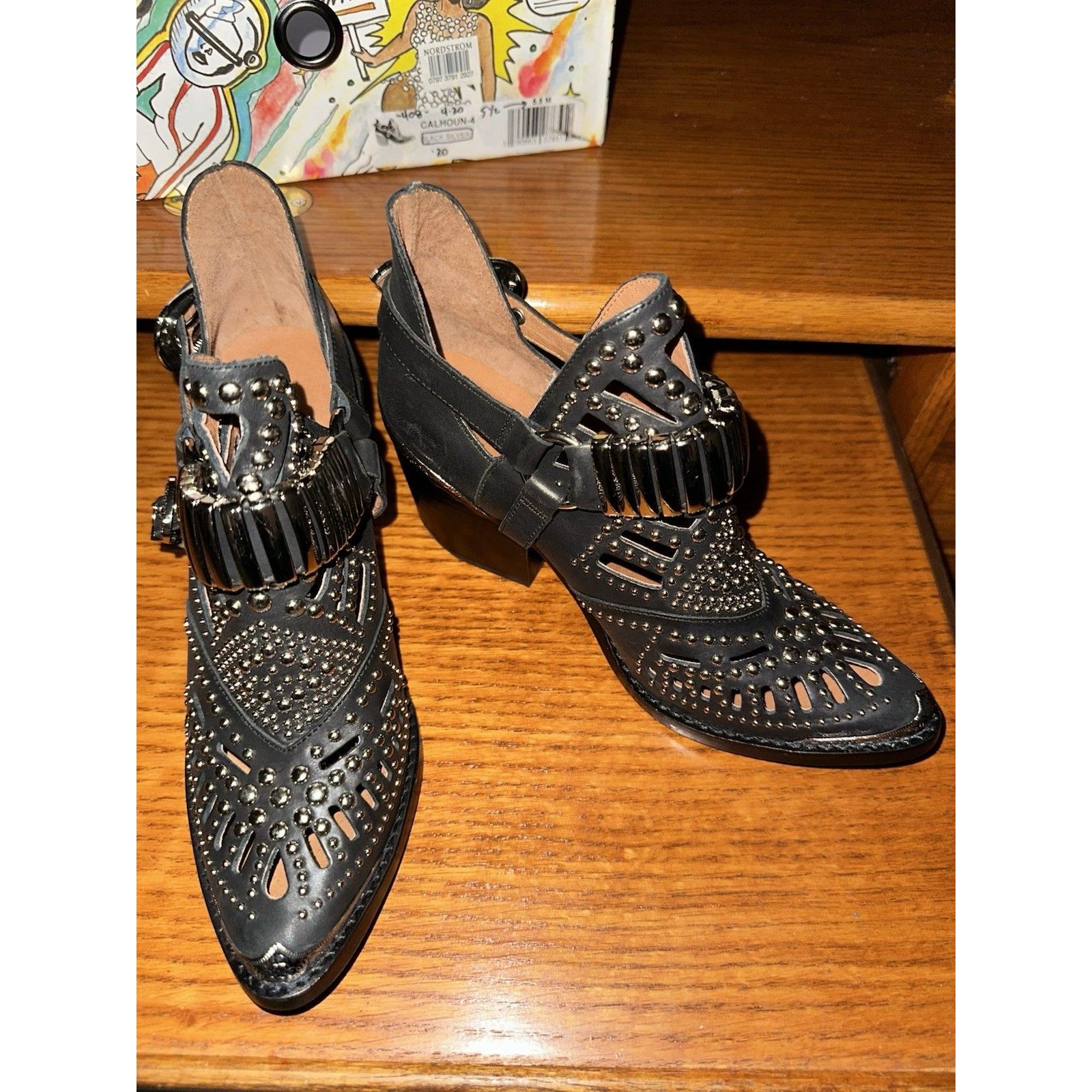 Jeffrey Campbell Calhoun Sz 5.5 Black Suede Silver Studded Western Booties Bnwb